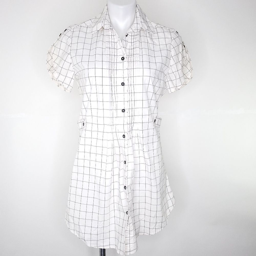 Tylho Short Sleeve Grid Print Mini Shirt Dress Off White Black sz M
